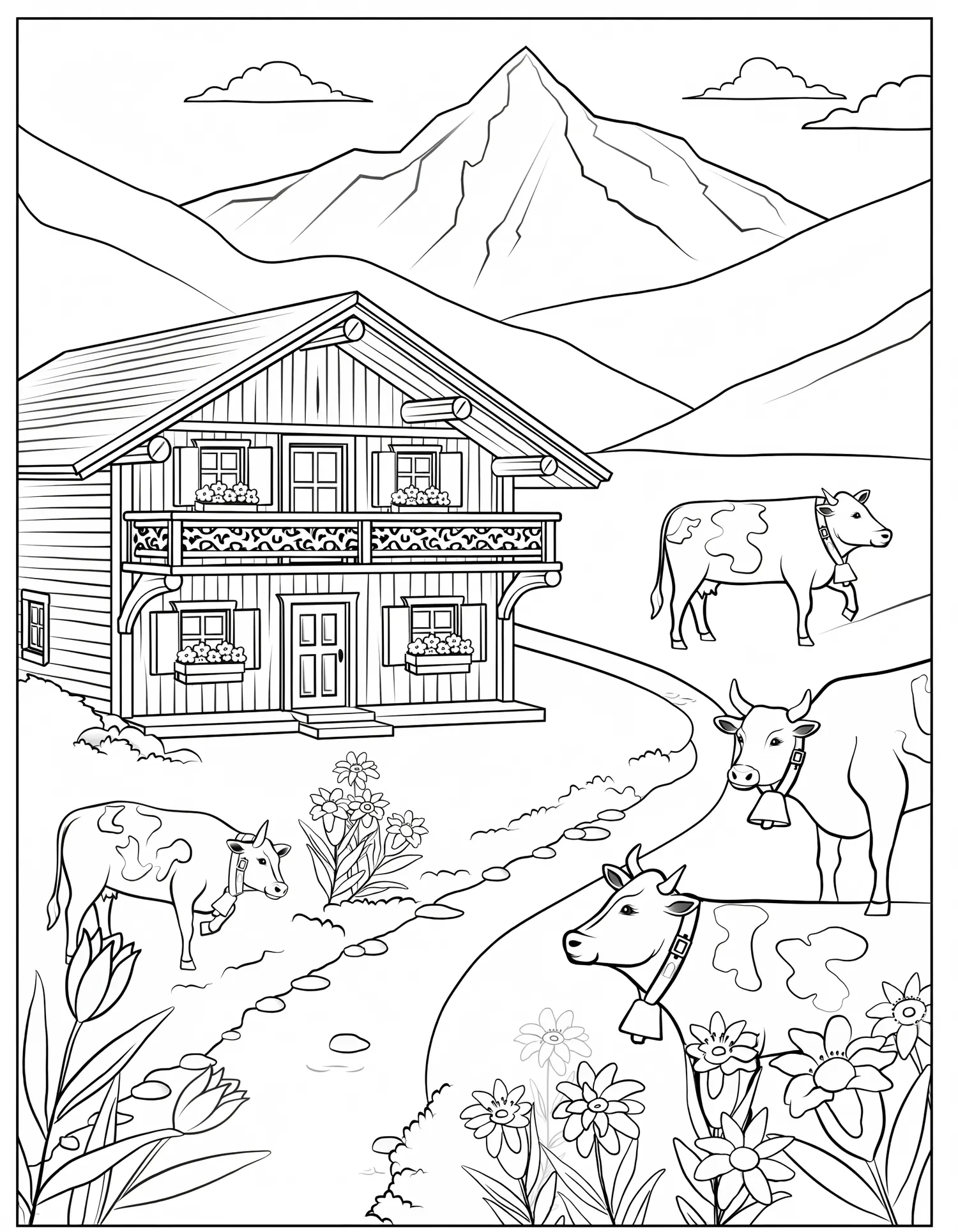 Alpage et Troupeau de Vaches — Coloriage paysage à imprimer gratuitement